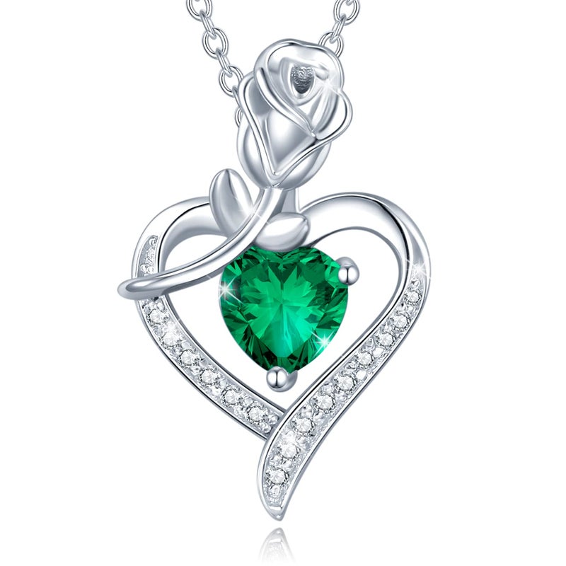 AGVANA May Birthstone Jewelry Emerald Necklace for Women Sterling Silver Rose Flower Heart Pendant Necklace Fine Jewelry Anniversary Birthday Gifts for Women Mom Wife Lady Her - Image 1